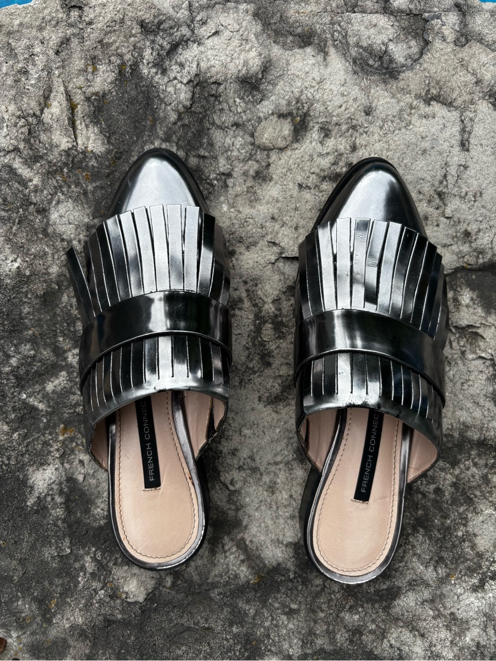 French Connection Black Patent Fringe Slip-On Mules